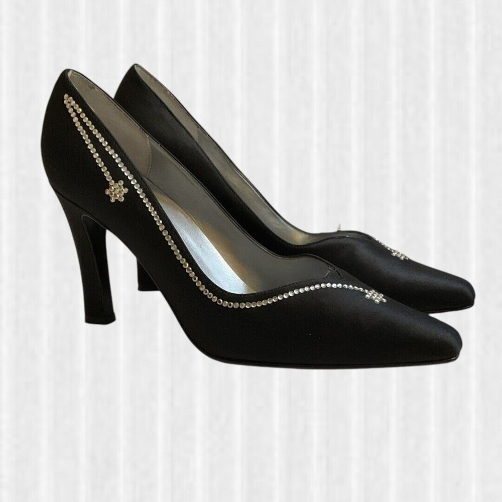 NINA Shoes Women's Size 7 Black High Heel Rayna LS Formal Lustre Satin Jeweled - Picture 2 of 11